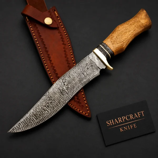 Damascus Hunting Knife with Light Wood Handle — main product view on black with Sharpcraft Knife card