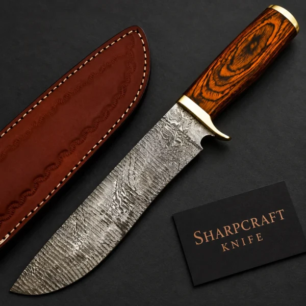 Damascus Hunting Knife with Patterned Wood Handle — main product view on black with Sharpcraft Knife card