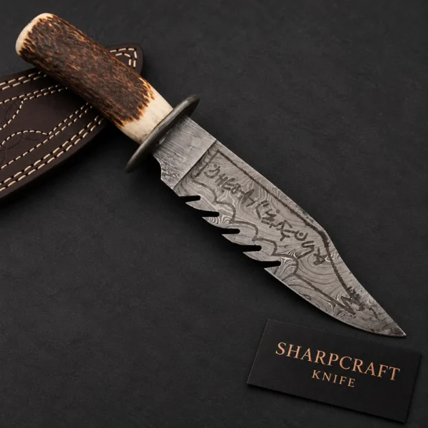 Damascus Hunting Knife with Textured Antler Style Handle — branded product view 1