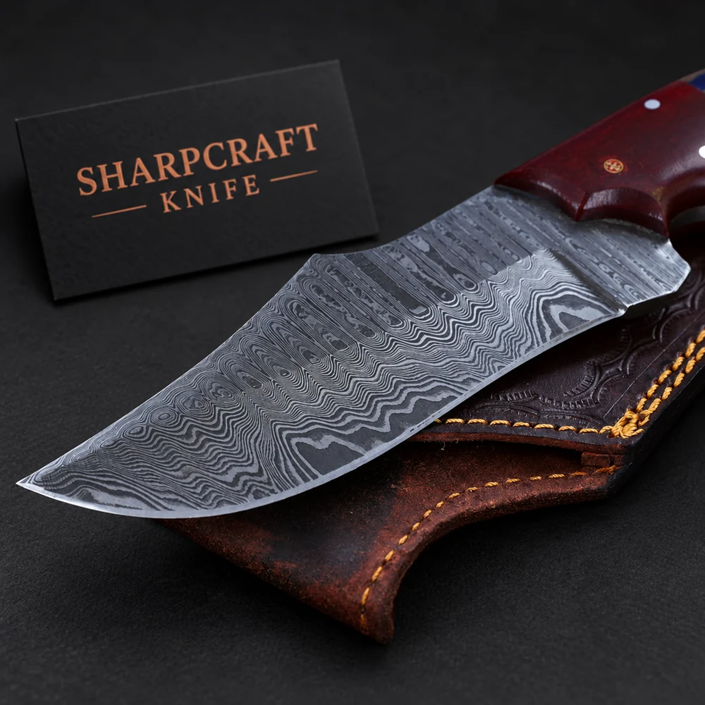Damascus Hunting Tracker Wood Handle on a black background with Sharpcraft Knife card