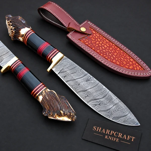 Damascus Knife with Antler Style Pommel — main product view on black with Sharpcraft Knife card
