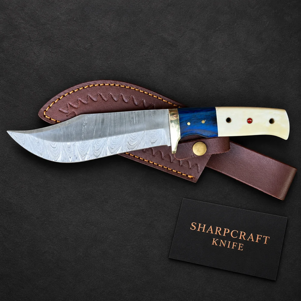 Damascus Knife with Blue and Cream Handle — main product view on black with Sharpcraft Knife card