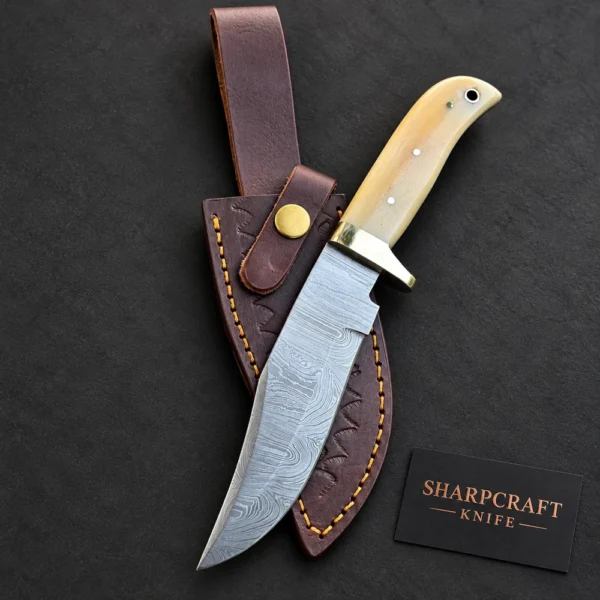 Damascus Knife with Cream Handle — main product view on black with Sharpcraft Knife card