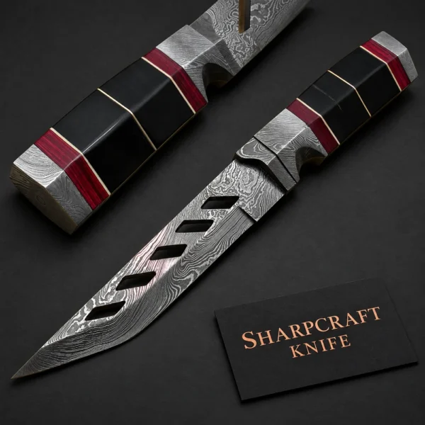Damascus Knife with Cutout Blade and Banded Handle — branded product view 1