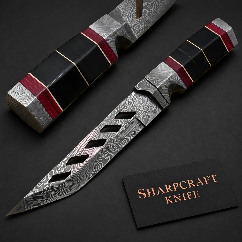 Damascus Knife with Cutout Blade and Banded Handle — branded product view 1
