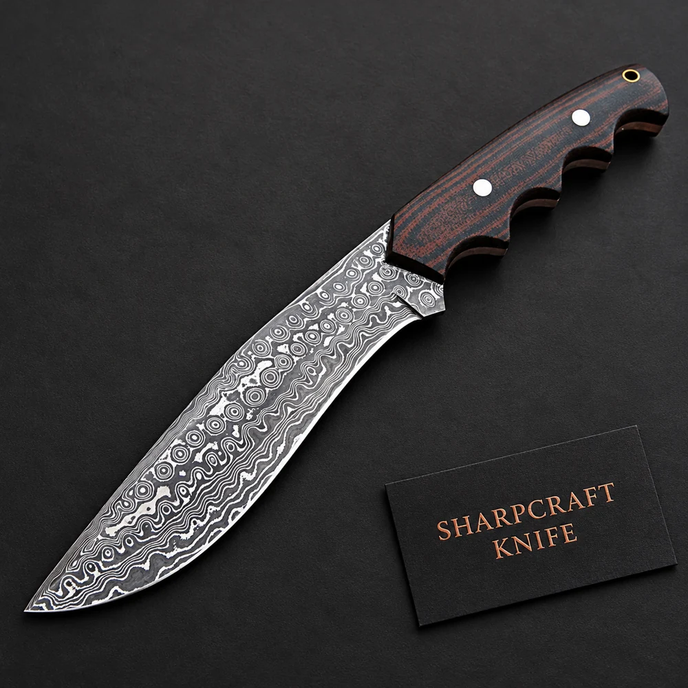 Damascus Knife with Finger Groove Handle — main product view on black with Sharpcraft Knife card