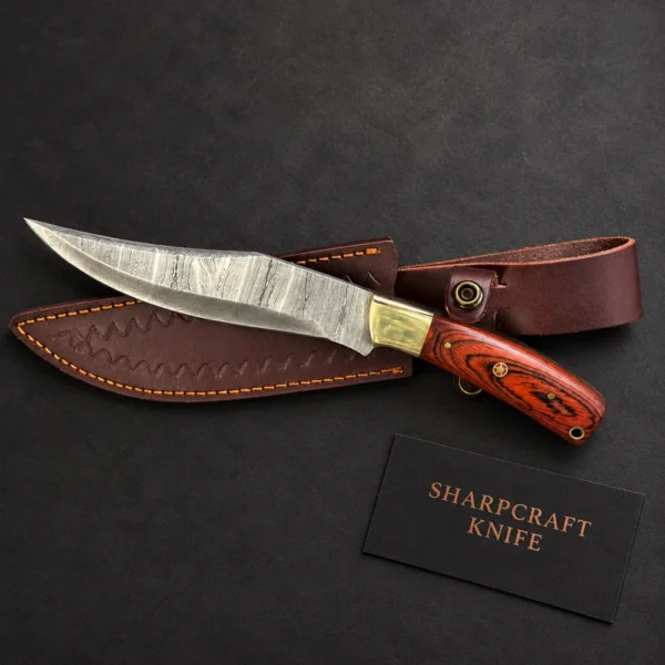 Damascus Knife with Red Handle — main product view on black with Sharpcraft Knife card