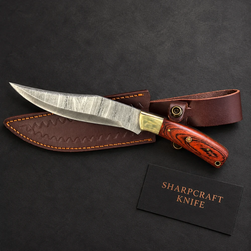 Damascus Knife with Red Handle — main product view on black with Sharpcraft Knife card