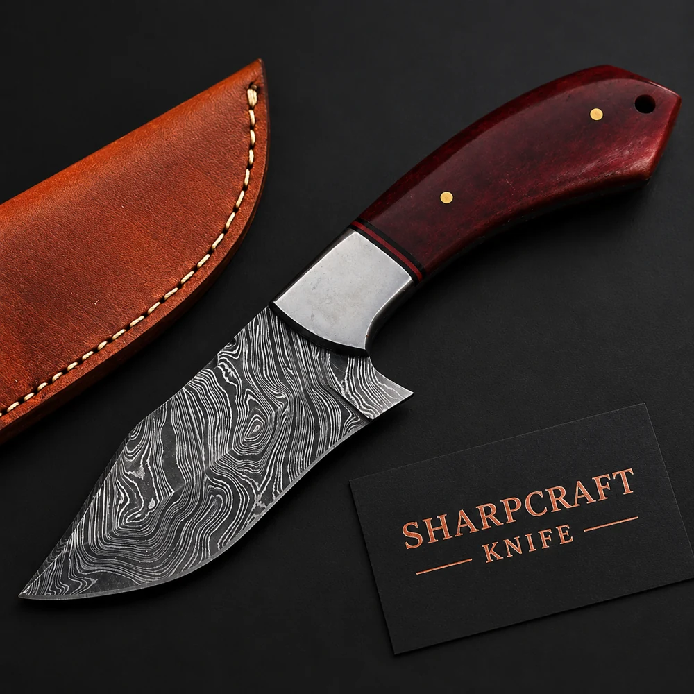 Damascus Skinning Knife Rosewood on a black background with Sharpcraft Knife card