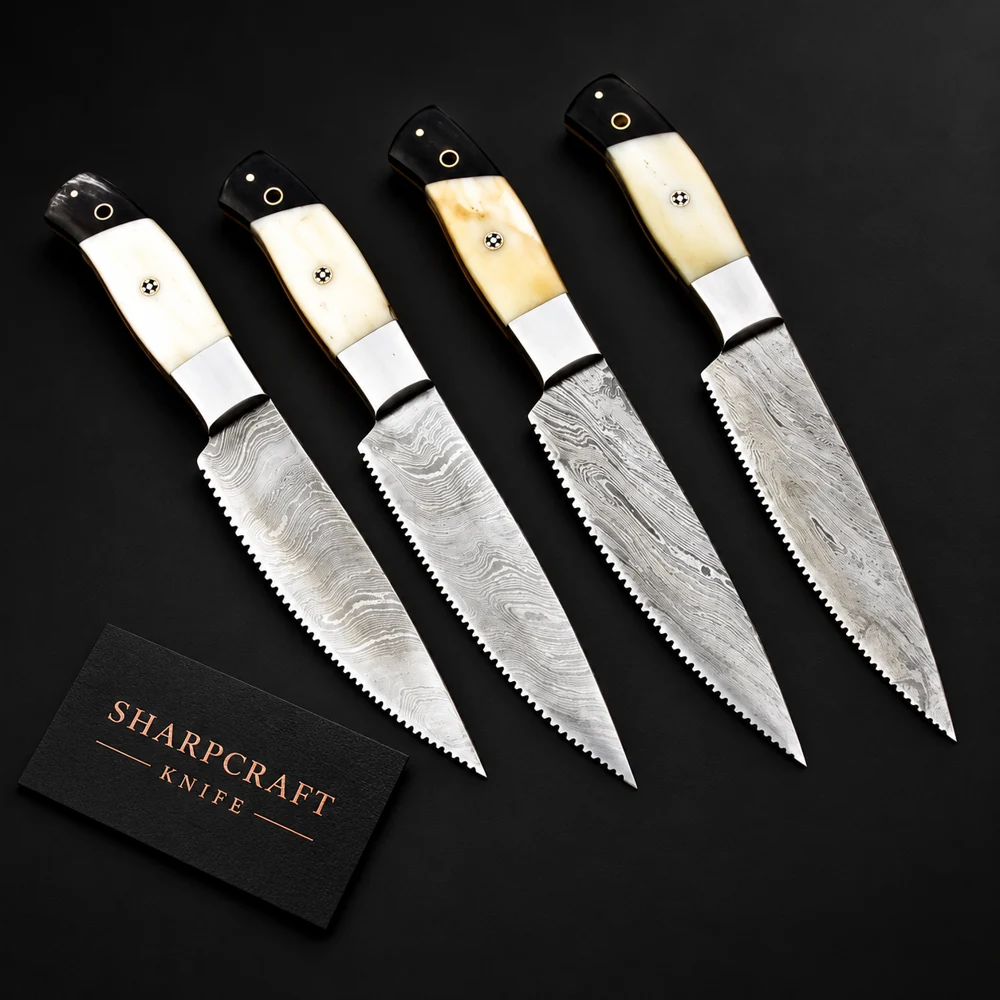 Damascus Steak Knife Set Bone Horn on a black background with Sharpcraft Knife card