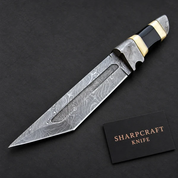 Damascus Tanto with Banded Handle — main product view on black with Sharpcraft Knife card