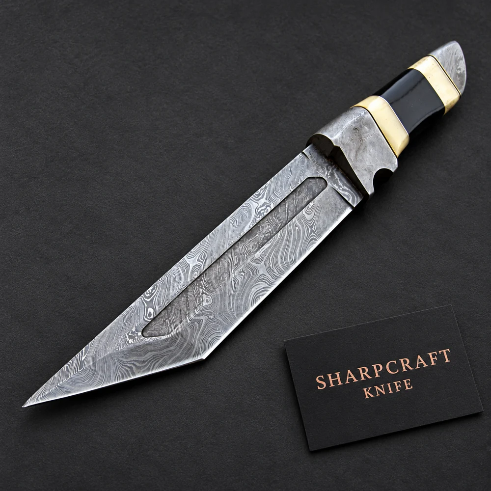 Damascus Tanto with Banded Handle — main product view on black with Sharpcraft Knife card
