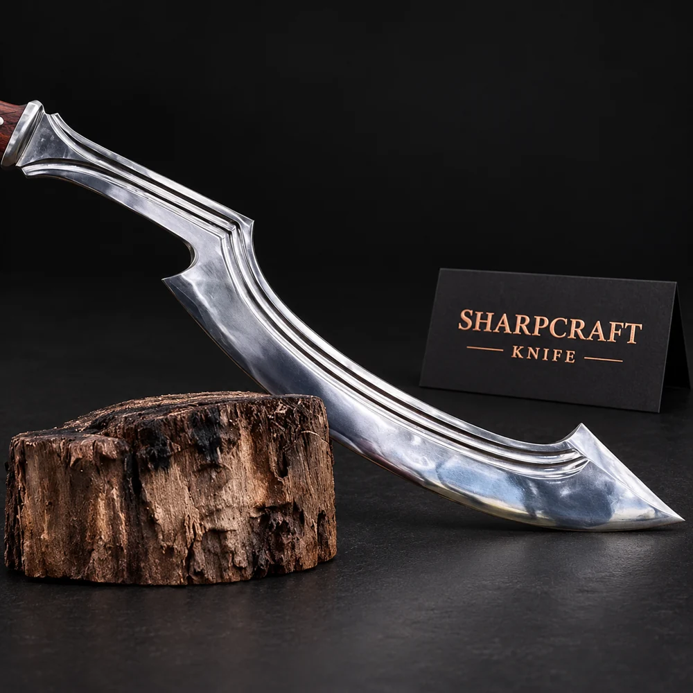 Egyptian Khopesh Sword on a black background with Sharpcraft Knife card