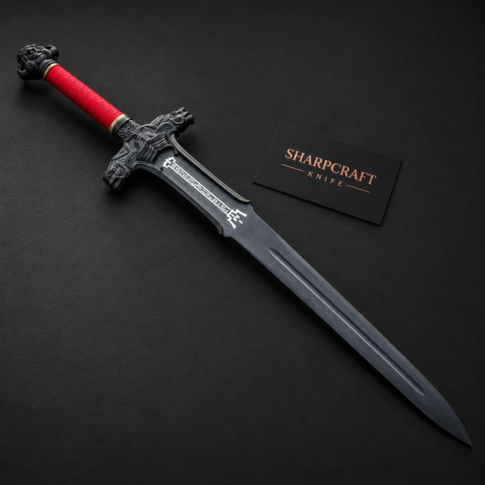 Gothic Broadsword Red Handle on a black background with Sharpcraft Knife card