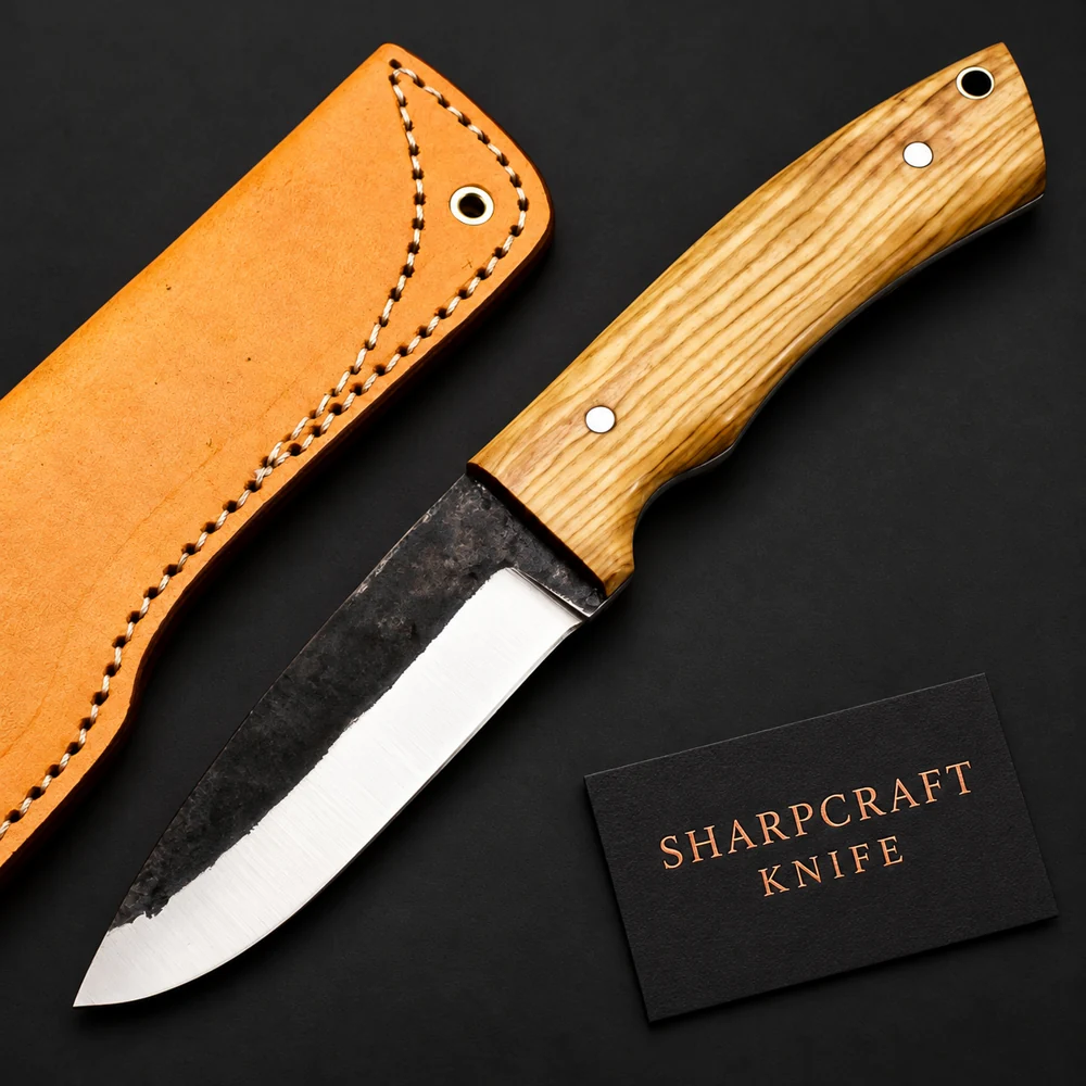 Light Wood Handle Fixed Blade Knife photographed on black with a Sharpcraft Knife visiting card
