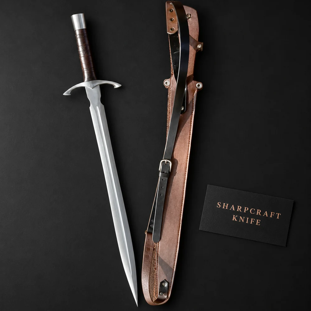 Medieval Sword Leather Scabbard on a black background with Sharpcraft Knife card