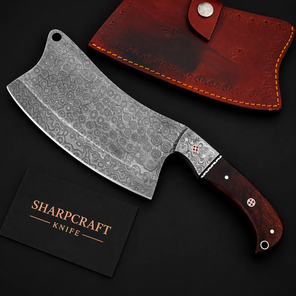 Raindrop Damascus Cleaver Rosewood on a black background with Sharpcraft Knife card