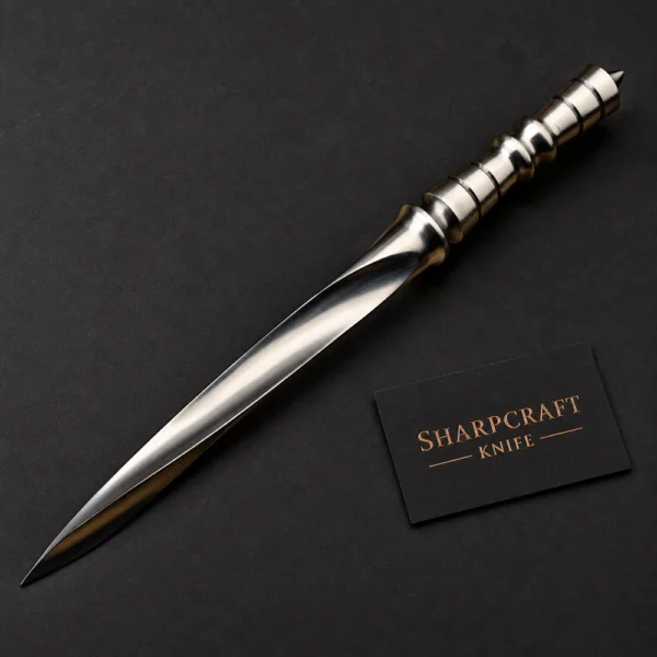 Complete Sculpted Metal Handle Dagger on charcoal black with Sharpcraft Knife card