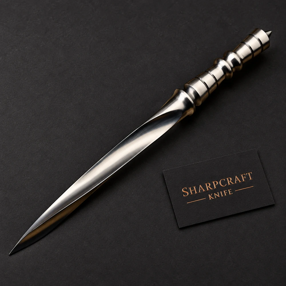 Complete Sculpted Metal Handle Dagger on charcoal black with Sharpcraft Knife card
