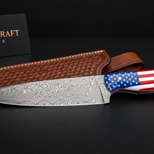 Damascus chef knife with American flag resin handle, brown leather sheath and Sharpcraft Knife card