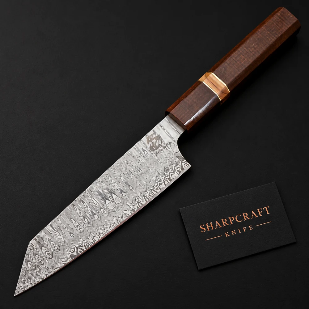 Damascus chef knife with octagonal brown wooden handle and brass collar on black background beside a Sharpcraft Knife card