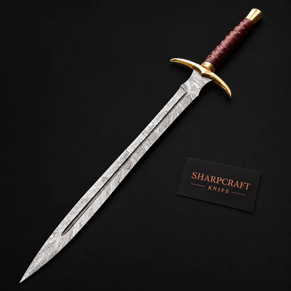 Damascus medieval sword with burgundy grip and curved brass guard on black background beside a Sharpcraft Knife card
