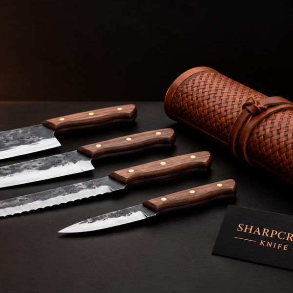 Four wood handle kitchen knives beside a brown roll bag and Sharpcraft Knife visiting card on a dark background