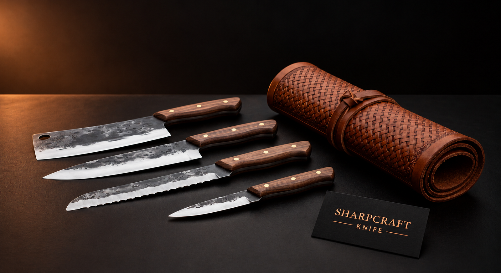 Four walnut handle kitchen knives with roll bag and Sharpcraft Knife card