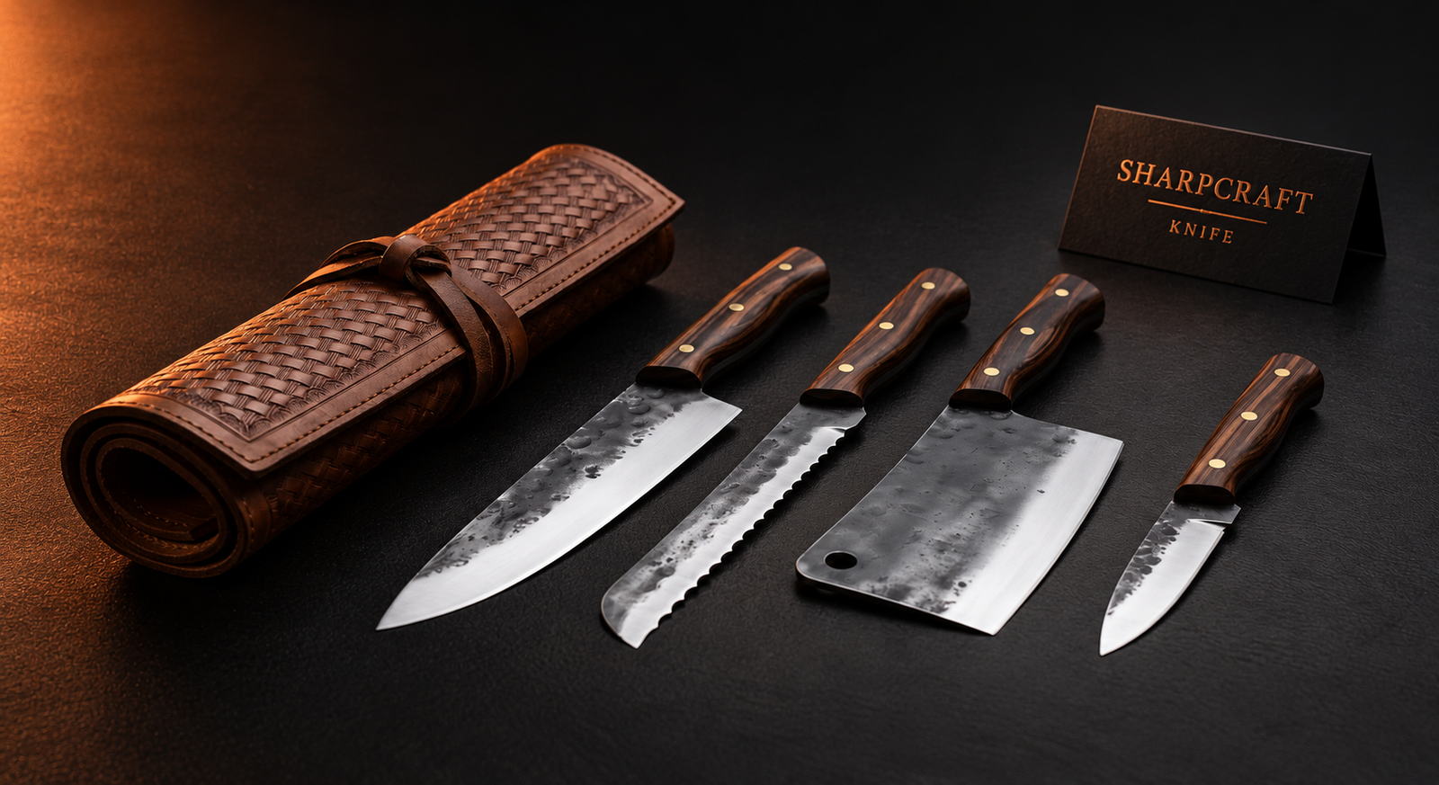 Alternate angle of four walnut handle kitchen knives and roll bag with Sharpcraft branding