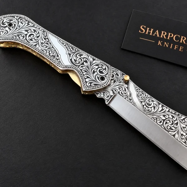 Silver Tone Engraved Folding Knife — product view 1