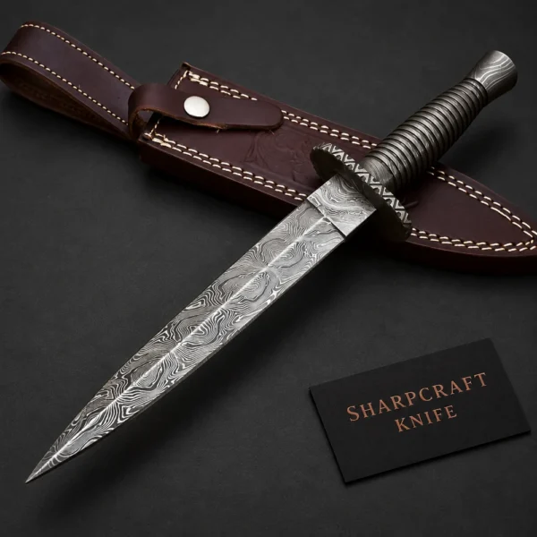 Slim Damascus Dagger with Dark Ribbed Handle — main product view on black with Sharpcraft Knife card