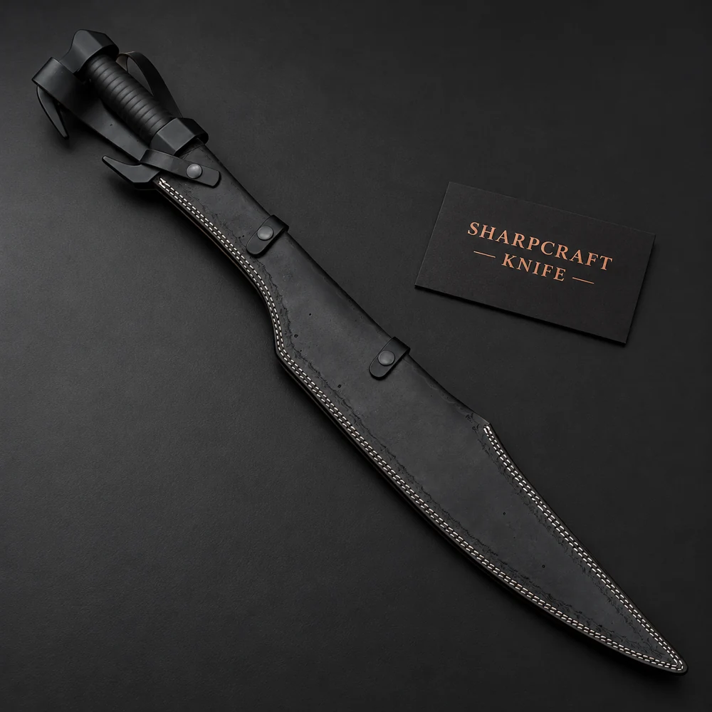 Spartan Sword Leather Sheath on a black background with Sharpcraft Knife card