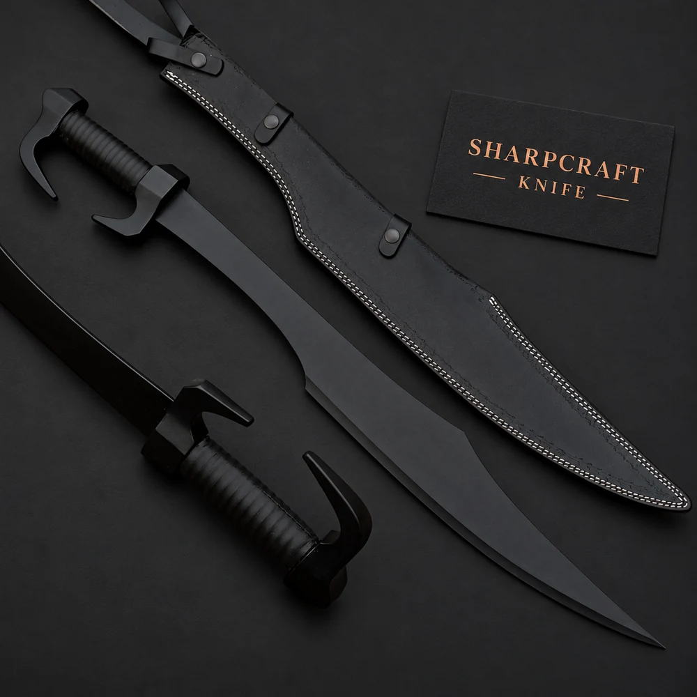 Spartan Tactical Sword Black Kopis on a black background with Sharpcraft Knife card