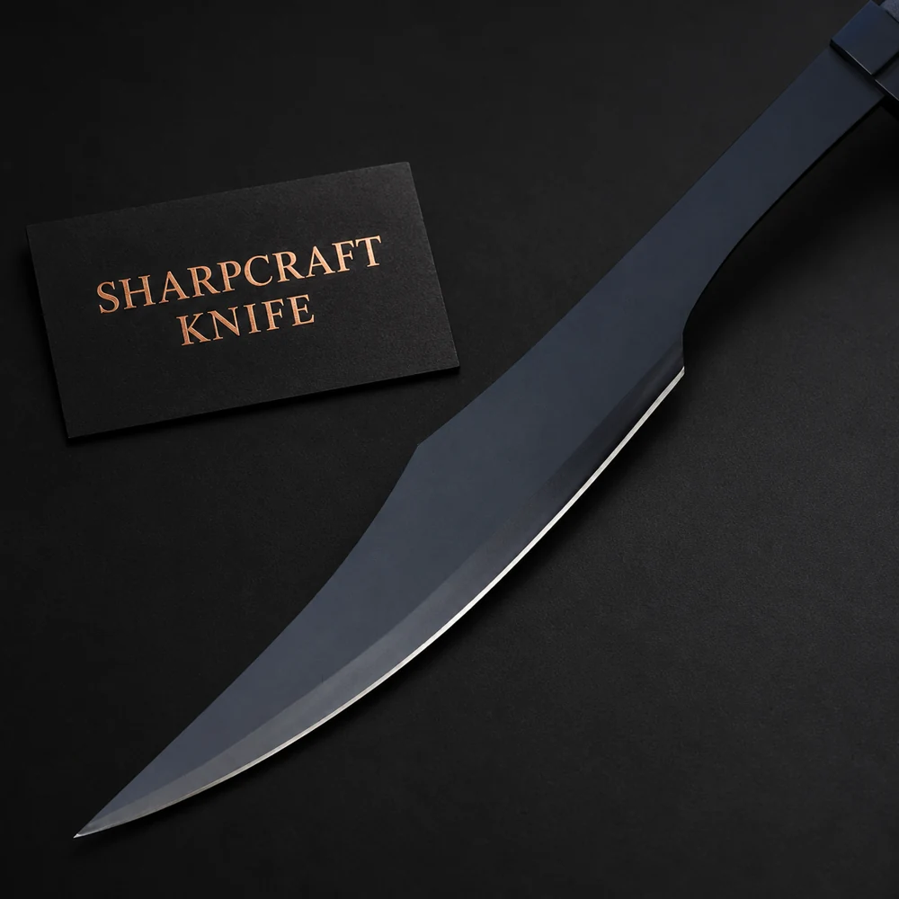 Tactical Spartan Kopis Blade on a black background with Sharpcraft Knife card