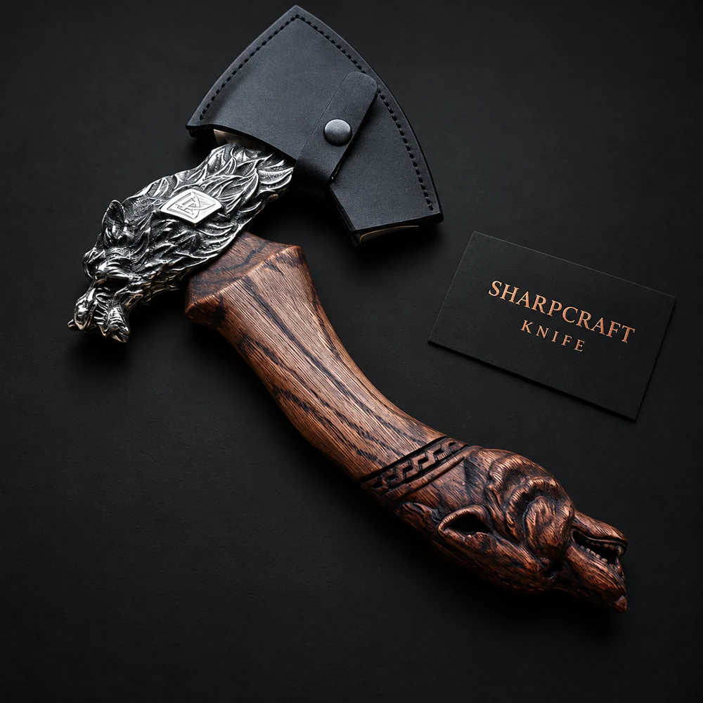 Wolf Head Viking Axe on a black background with Sharpcraft Knife card