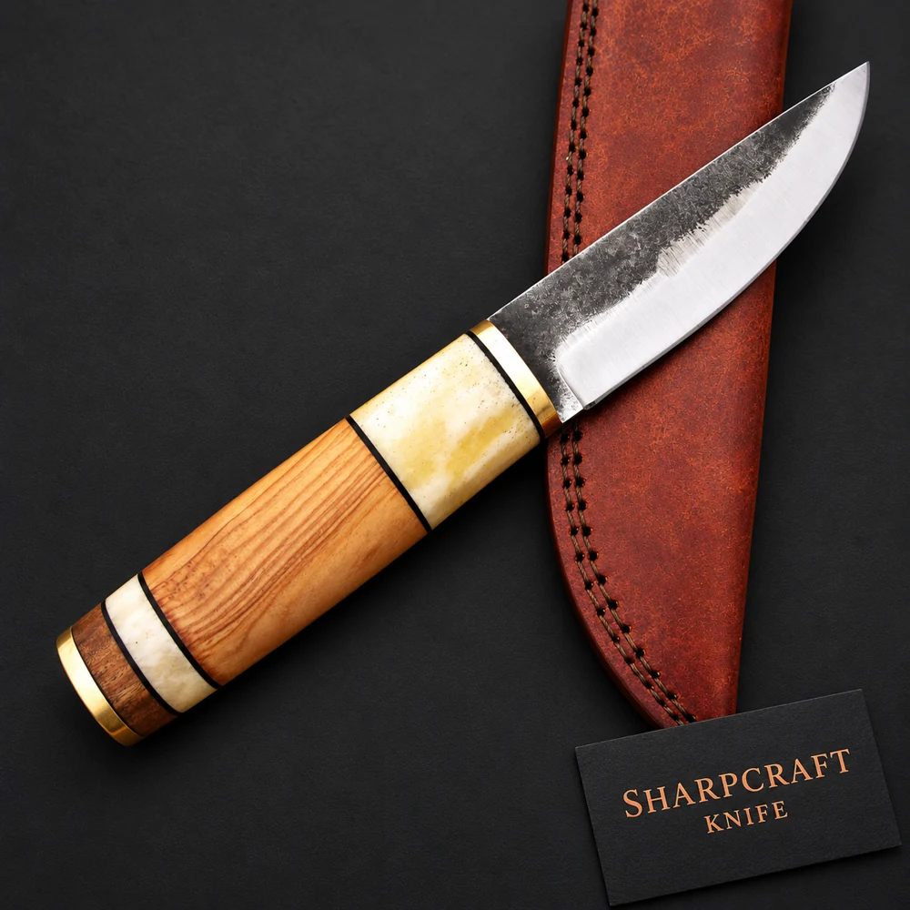 Wood and Brass Tone Skinner Knife photographed on black with a Sharpcraft Knife visiting card