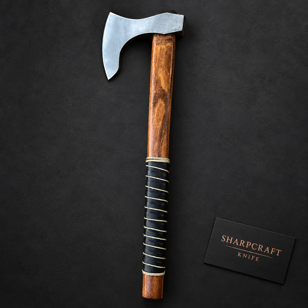 Wood Handle Bearded Axe — Sharpcraft product photo 1 Wood Handle Bearded Axe photographed on black with a Sharpcraft Knife visiting card