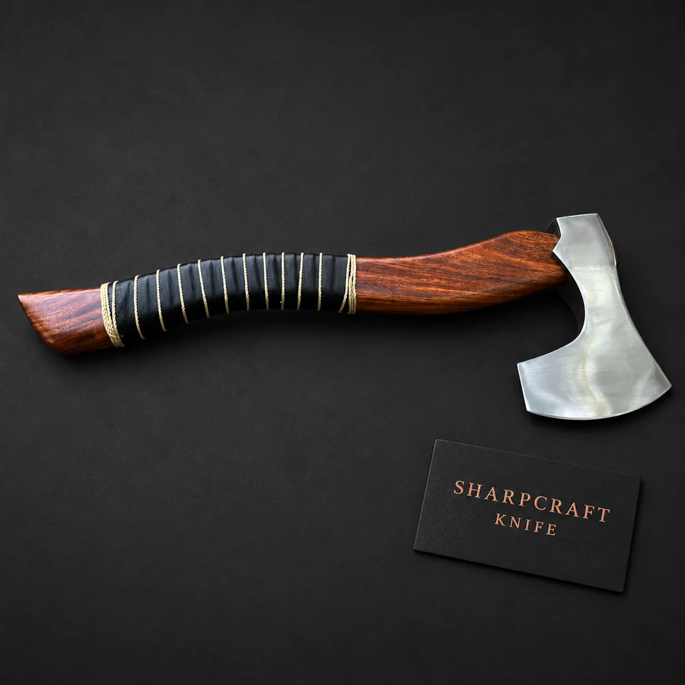 Wood Handle Compact Axe on black with Sharpcraft Knife card